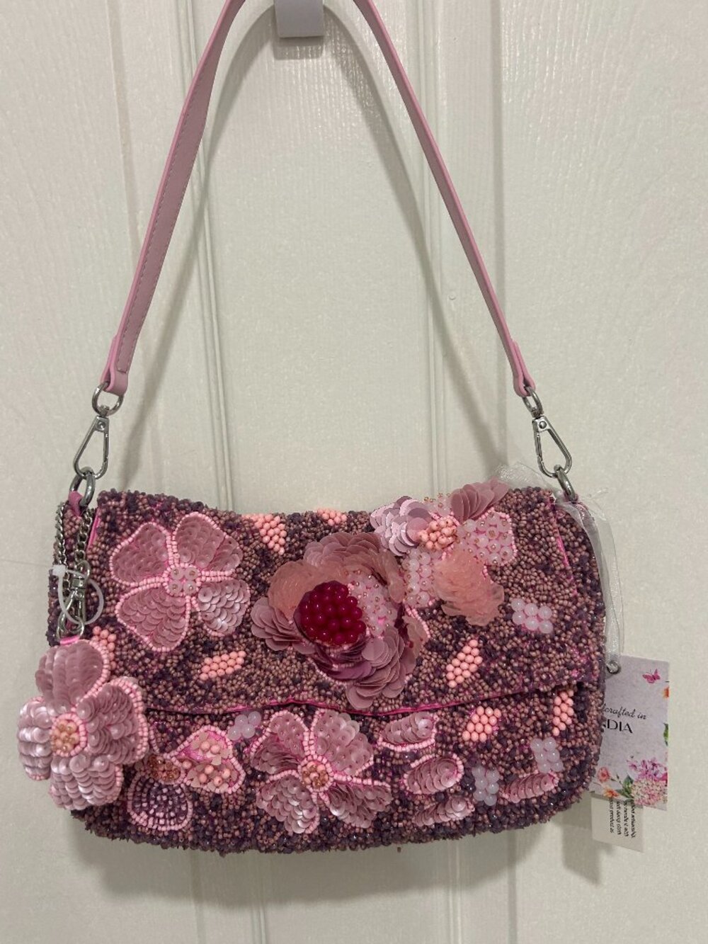Beaded and Sequin Flower Bag  Pink Floral w Charm Handcrafted in India